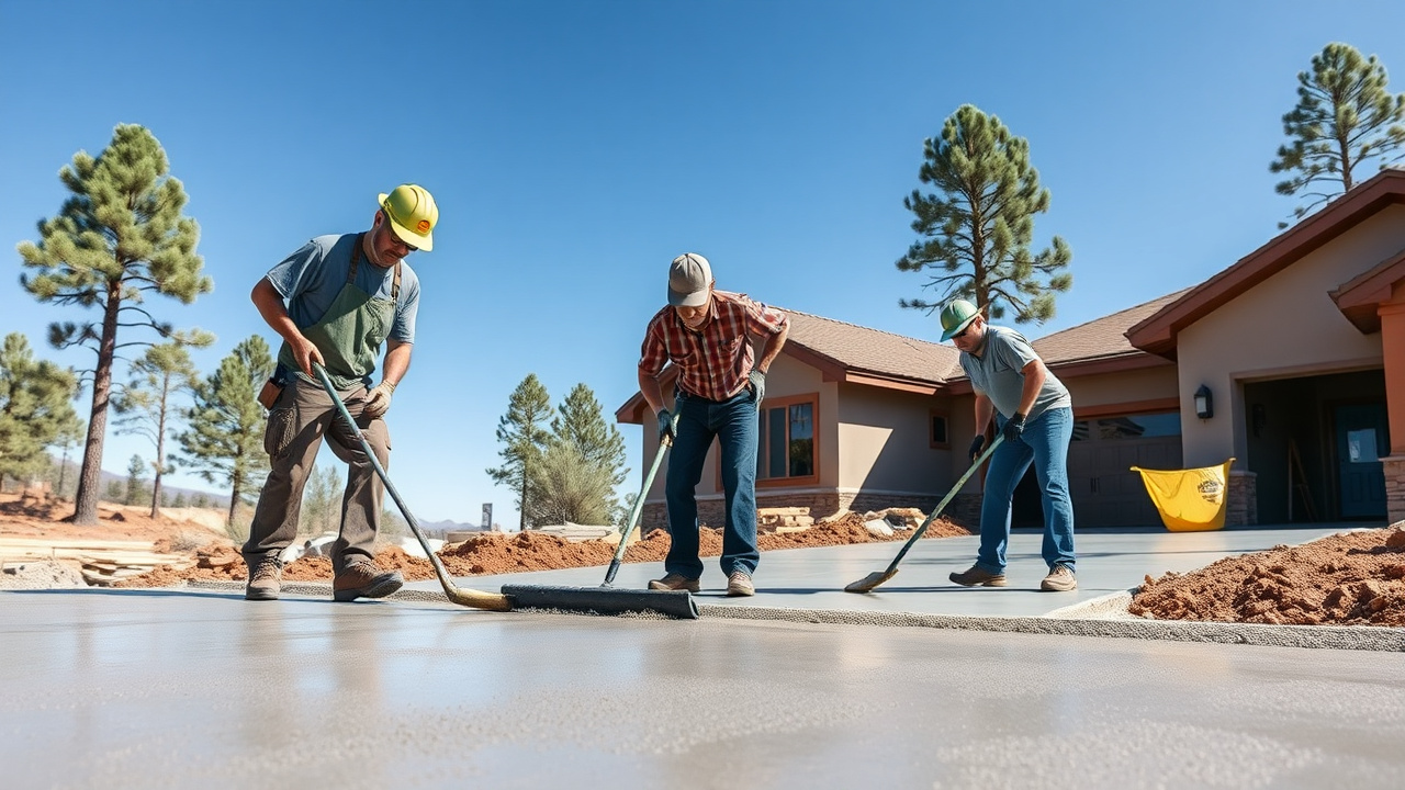 New concrete driveway pour crew finishing and floating a fresh slab at a home in Flagstaff, Arizona with pine trees in the background